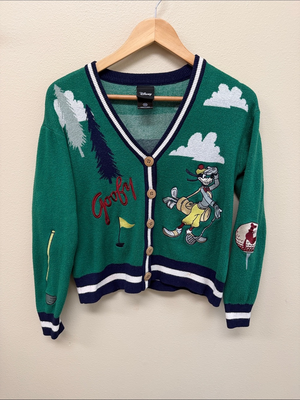 Disney Box Lunch Green Goofy Golf V-Neck Cardigan with Navy Trim SzXS
